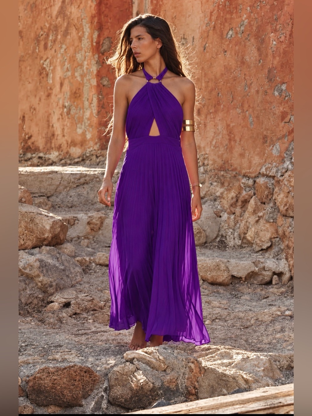 NWT Zara Dress DRESS Sz XL Purple halter pleated SEXY FEMININE BEAUTIFUL FLOWY